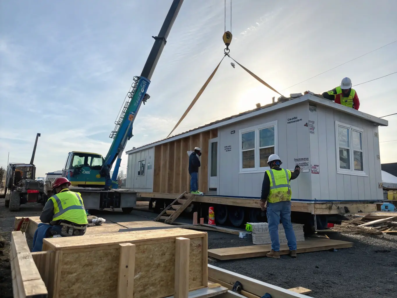An aerial view of a modular construction site with minimal waste and efficient assembly, highlighting the sustainability and reduced environmental impact of the process.
