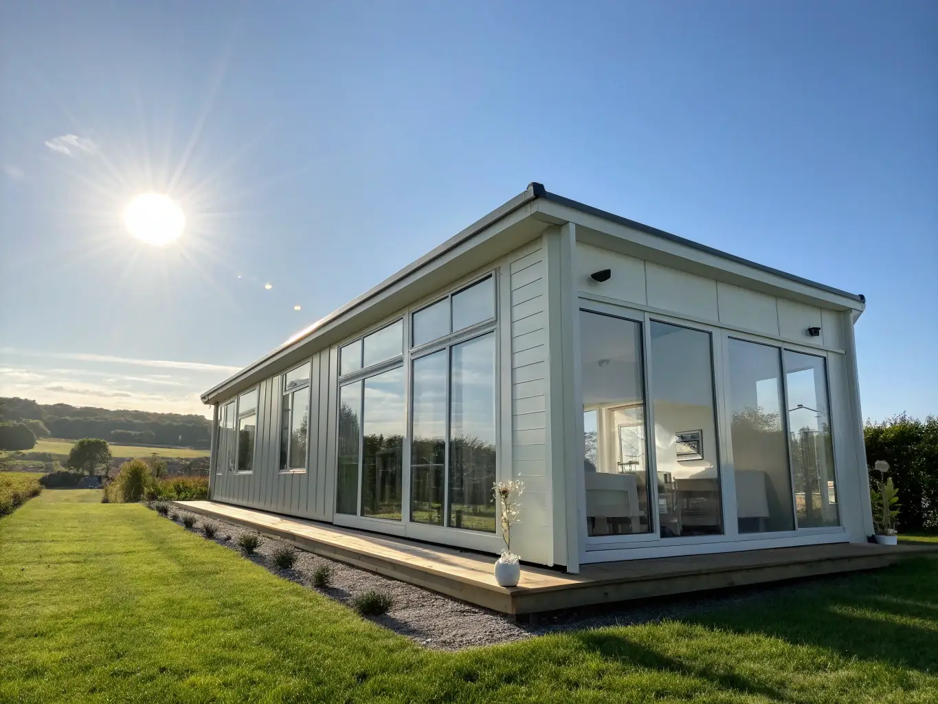 A photo of a completed modular home showcasing its modern design and high-quality finishes, emphasizing the aesthetic appeal and durability of SOW Modular's constructions.